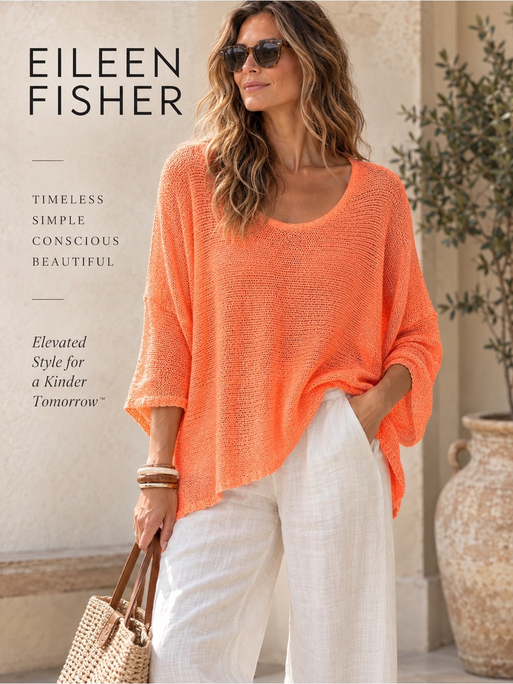 Eileen Fisher Orange Coral Open Knit Linen Blend Sweater Women’s Large